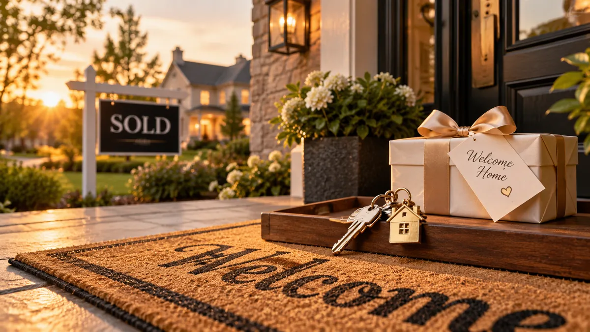 Welcome home gift, keys, and SOLD sign at a new home's entrance